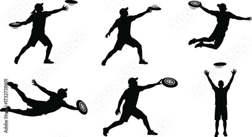 Dynamic silhouettes of ultimate frisbee players in various action poses, including throwing, catching, and jumping, for sports and competition concepts