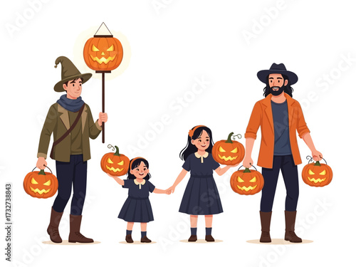 Halloween Family Gathering: A family is depicted in illustration. They are holding pumpkin lanterns, the scene exudes festive cheer and a sense of togetherness.  