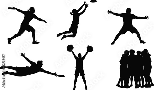 Silhouettes of diverse ultimate frisbee players in dynamic poses, including diving catch, jumping, throwing, and team huddle for sports and action