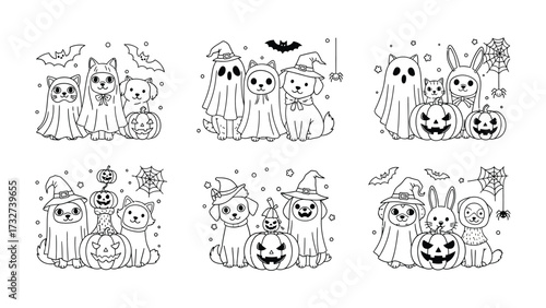 Halloween Pet Playtime: A playful and heartwarming monochrome illustration depicts adorable pets, costumed for Halloween, surrounded by pumpkins, bats, and spiders, ready for festive fun.