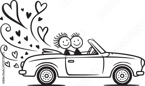 Love on the Road: A cheerful illustration of a couple in a vintage convertible, surrounded by a cascade of hearts, embodies the joy of travel and togetherness.
