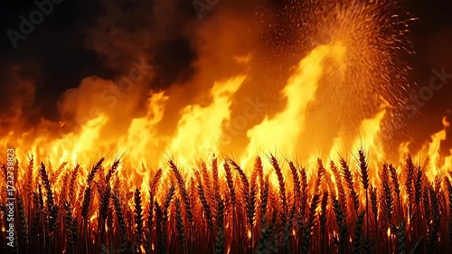 Static shot. A wheat field burns intensely at night. The fire spreads rapidly, consuming the dry crops.