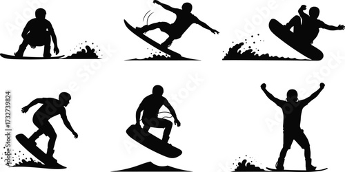 Silhouettes of diverse men wakeboarding and snowboarding in various poses, including jumping and riding, isolated on a white background for design
