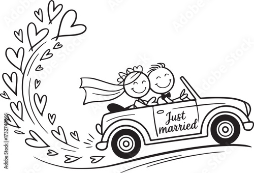 Newlyweds' Joyride: A whimsical illustration captures the essence of love and happiness as a couple celebrates their wedding with a joyful drive.