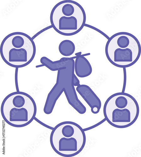 Colored Community Support Icon. Vector Illustration. Refugee with a Suitcase and People Around. Providing Support to People in Difficult Situations. World Refugee Concept