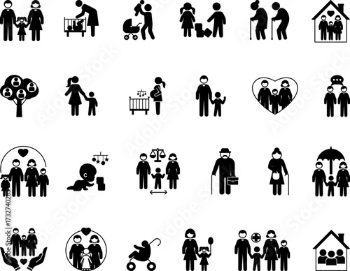 Black Family Icon Set. Vector Illustrations Parents, Mother, Father, Children, Grandmother, Grandfather, Adoption, Pregnancy, Twins, Baby in Stroller, Family Insurance, and More
