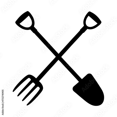 Crossed shovel and pitchfork agriculture and farming tools black vector illustration