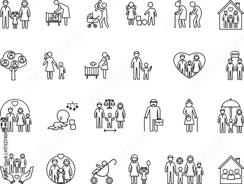 Family Icon Set. Vector Illustrations Parents, Mother, Father, Children, Grandmother, Grandfather, Adoption, Pregnancy, Twins, Baby in Stroller, Family Insurance, and More