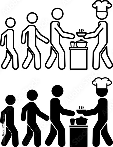 Food Distribution Icons. Black and White Vector Illustrations. A Chef Distributes Food to Refugees. Volunteering, Helping People in Difficult Situations. World Refugee Concept