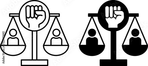 Freedom and Dignity Icons. Black and White Vector Illustrations. Scales of Justice and Upward-Pointing Fist. World Refugee Concept