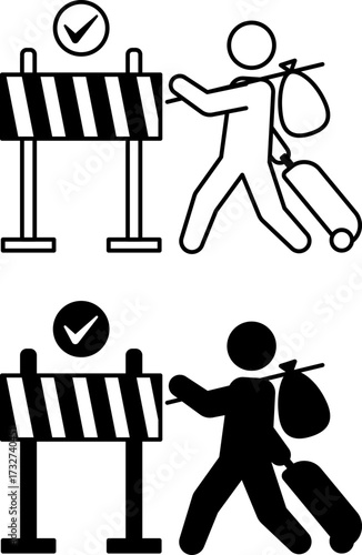 Safe Passage Icons. Black and White Vector Illustrations. Refugee with Suitcase Walking Through Permitted Barrier. World Refugee Concept