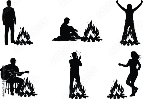 Silhouettes of diverse people gathered around campfires, including a musician, cheering fans, and a dancing woman, isolated on a white background