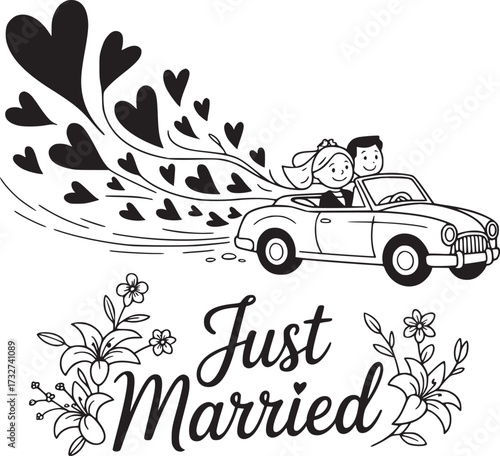 Just Married Couple in Vintage Car: An illustration depicts a joyous newlywed couple, cruising in a vintage convertible, their happiness radiating outwards.