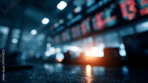 Wallpaper Mural Blurred view of a futuristic market trading floor with glowing digital screens displaying financial data Torontodigital.ca