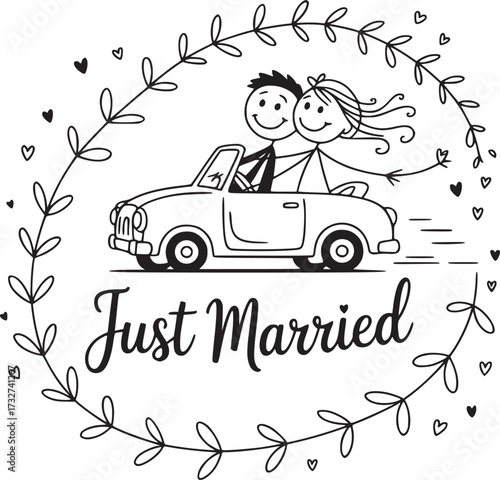 Just Married Cartoon Couple Driving: A whimsical cartoon depicts a newlywed couple joyfully driving off in a vintage car, encircled by a floral wreath, celebrating the joy of their fresh beginning.