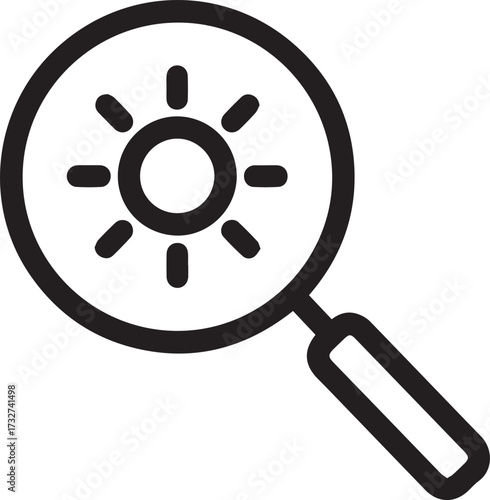 Magnifying glass reveals bright sun symbol, representing discovery, insight, and positive search results for business and innovation success.
