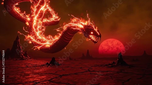 Fiery serpent unleashes cosmic power across a desolate alien landscape under a blood red sun