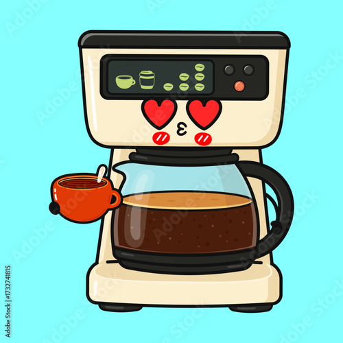 Coffee maker character holding cup, showing love