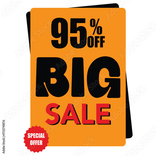 Modern 95 Percent Off Sale Poster with Bold Typography, Special Offer Label, and Bright Orange Background for Extreme Clearance Sales, Huge Discount Promotions, and Retail Marketing Campaigns