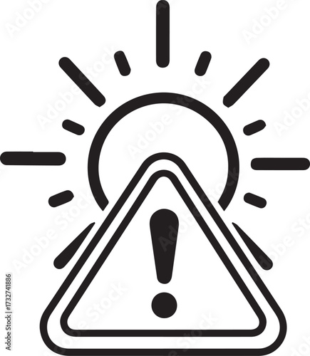 Urgent warning sign with sun icon signifies danger or caution needed during bright sunny weather conditions