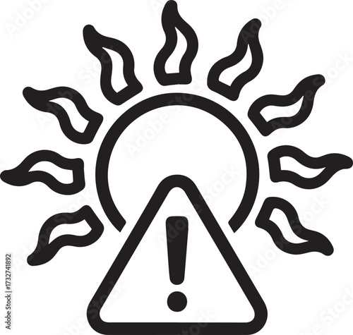 Warning symbol on sun icon, representing danger or caution related to heat and sunlight, perfect for safety alerts and weather advisories.