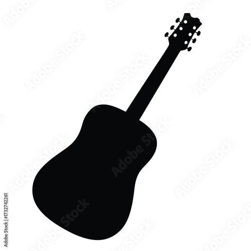 A minimalistic silhouette of an acoustic guitar against a stark white backdrop