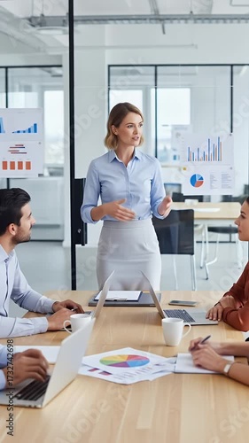 Business meeting in a modern office. In the center, a woman stands, leading the presentation. The environment is bright and professional, with glass walls and graphics in the background, conveying an 