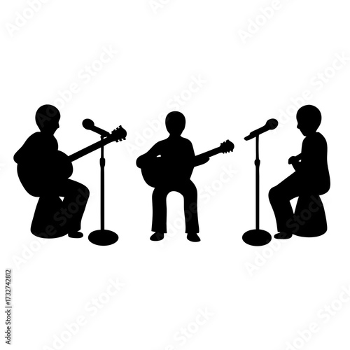 Silhouette of Three Musicians Performing with a Guitar and Cajon Drum