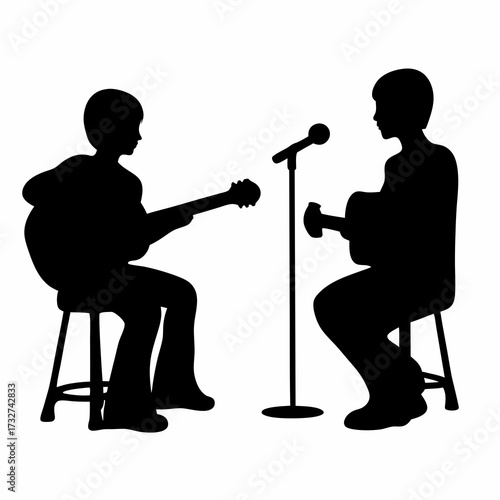 Silhouette of Two Musicians Performing with a Guitar and Cajon Drum
