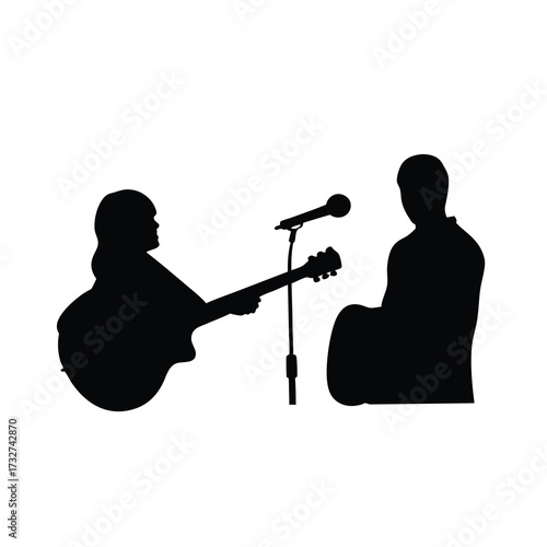 Silhouette of musicians playing acoustic guitars with microphone on stage