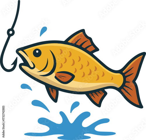 Golden fish leaping out of water caught on fishing hook vector