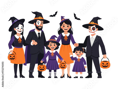 Halloween Family Portrait: A happy family celebrates Halloween together in festive costumes. The group includes adults and children, all dressed up and ready for trick-or-treating.