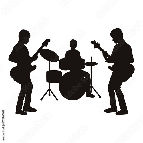 Silhouette of band performing with guitarist and drummer in black color