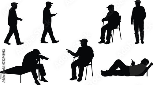Silhouettes of diverse older men in various poses, including walking, sitting, and relaxing, isolated on a white background for design