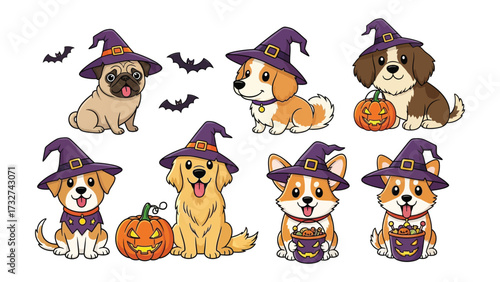 Halloween Puppies: A charming illustration of adorable puppies dressed up in witches' hats, embodying the spirit of Halloween. A delightful scene with pumpkins and bats!