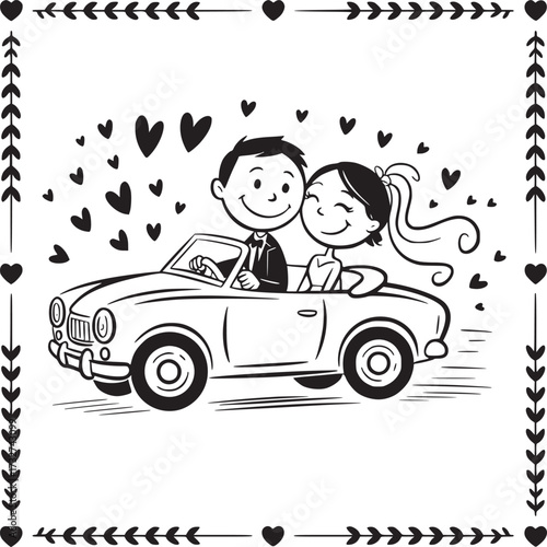 Just Married Couple in Car: A charming cartoon illustration captures a newlywed couple in a classic car, surrounded by a cascade of hearts, celebrating their special moment with love and joy.