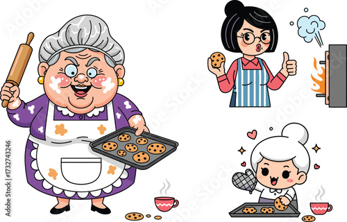 Cartoon grandmothers and women baking cookies illustration, fun kitchen cooking vector for family recipe books, culinary education and creative designsCartoon grandmothers and women 