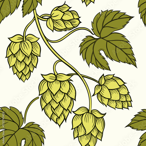 Seamless cartoon vector style pattern with fresh beer hops	
