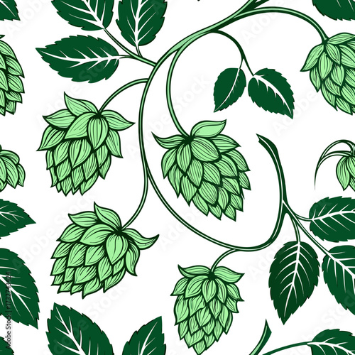 Seamless cartoon vector style pattern with fresh beer hops	
