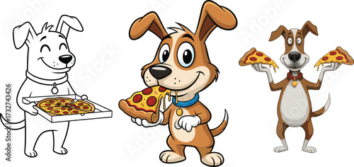 Cute cartoon dogs enjoying delicious pizza slices and delivery boxes, playful vector illustration perfect for fun food and pet designsCute cartoon dogs enjoying delicious pizza 