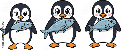 Cute cartoon penguins holding fish in adorable arctic wildlife illustration for winter animal character, ocean nature, and educational vector designCute cartoon penguins holding fish 