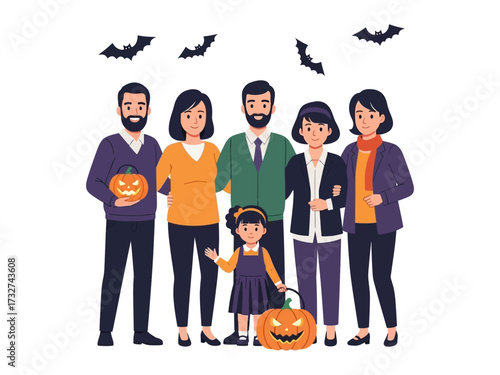 Halloween Family Gathering: A smiling family dressed up in festive attire, holding illuminated carved pumpkins, are gathered together, bat silhouette fly above them to creating a fun.