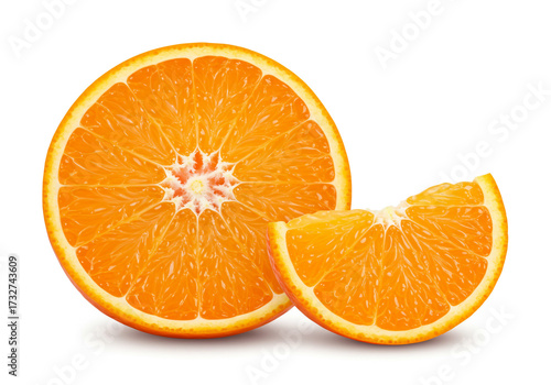 Vibrant, juicy orange halves and slices showcase fresh citrus goodness, perfect for vibrant food and drink projects