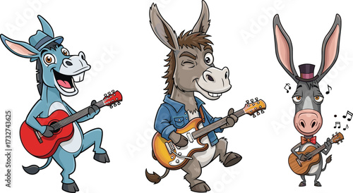 Funny cartoon donkeys playing guitars with musical notes in humorous animal band illustration for music, entertainment, and children’s vector designFunny cartoon donkeys playing guitars with musical 