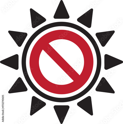Warning symbol for no sun or heat, prohibition sign on a stylized sun, indicating danger or restriction from solar radiation exposure.
