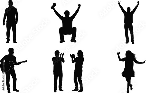 Silhouettes of diverse people in various poses and actions, including a musician, cheering fans, and a woman celebrating, isolated on a white background for design