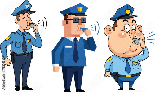 Funny cartoon police officers blowing whistles in uniform, law enforcement characters warning citizens, security guard illustration vector art sceneFunny cartoon police officers blowing whistles 