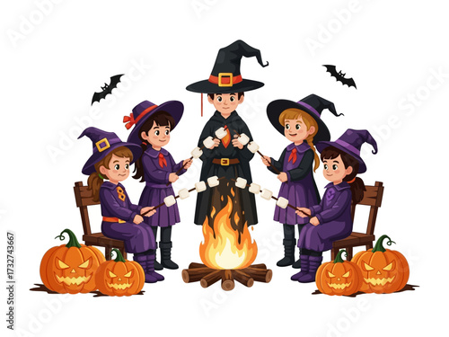 Spooky Gathering: A circle of young, costumed figures gathers around a crackling bonfire, marshmallows in hand, setting a whimsical and slightly eerie scene, evoking a spirit of playful Halloween fun.