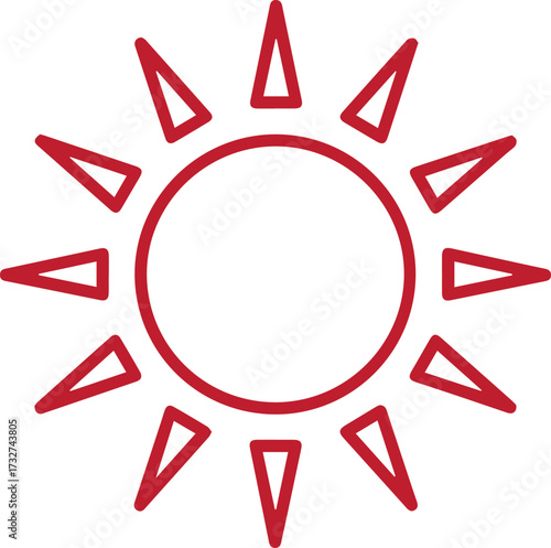 Vibrant red sun icon symbolizing warmth, energy, and bright sunny days perfect for weather, summer, or positive concepts.
