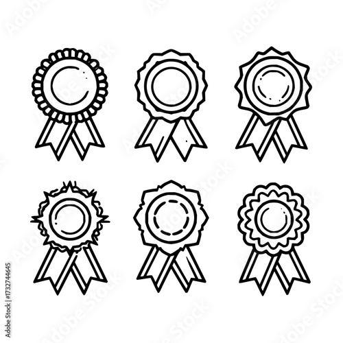 Collection of six hand drawn style award ribbon illustrations with different rosette and ribbon designs